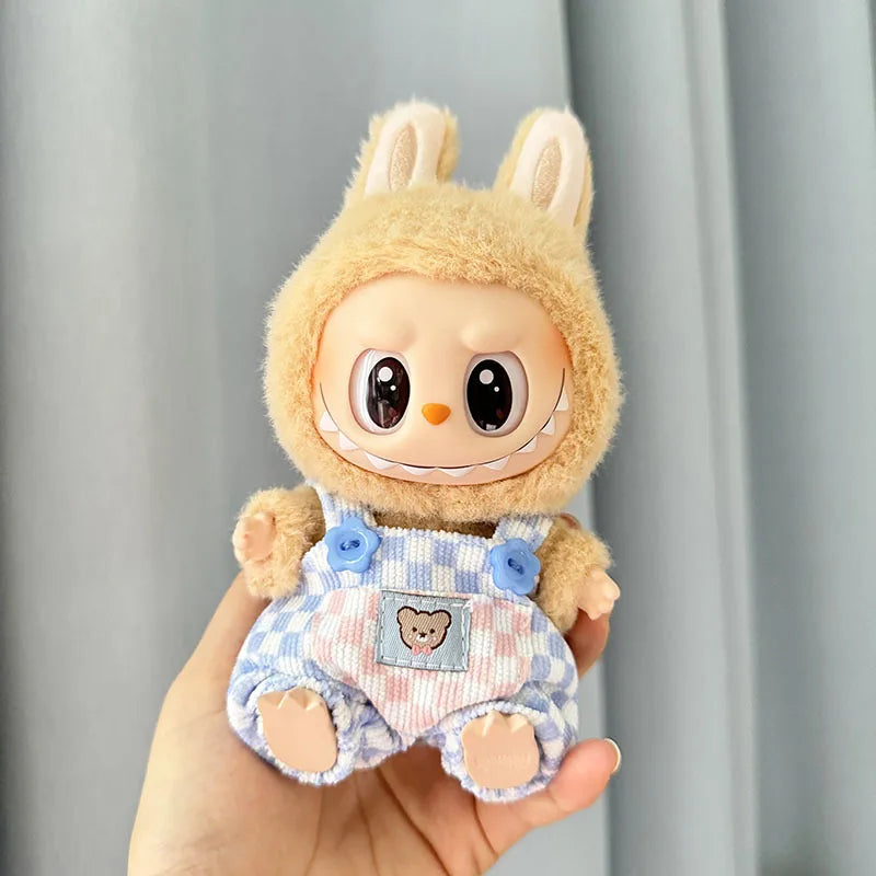 17cm mini plush doll's clothes outfit accessories for korea kpop exo labubu ii idol dolls sitting party plaid overalls clothing