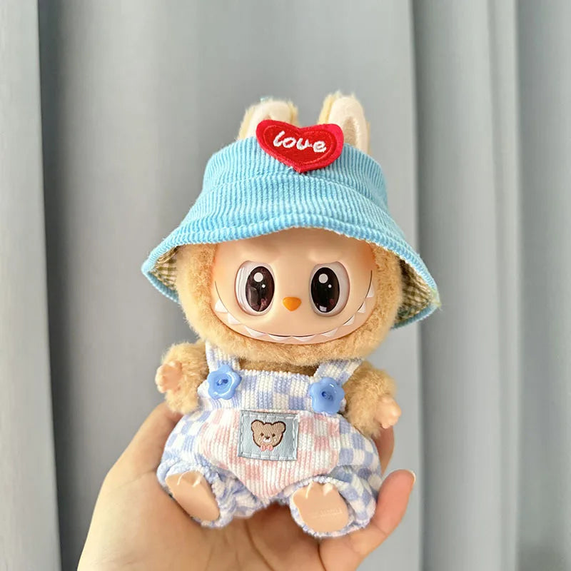 17cm mini plush doll's clothes outfit accessories for korea kpop exo labubu ii idol dolls sitting party plaid overalls clothing