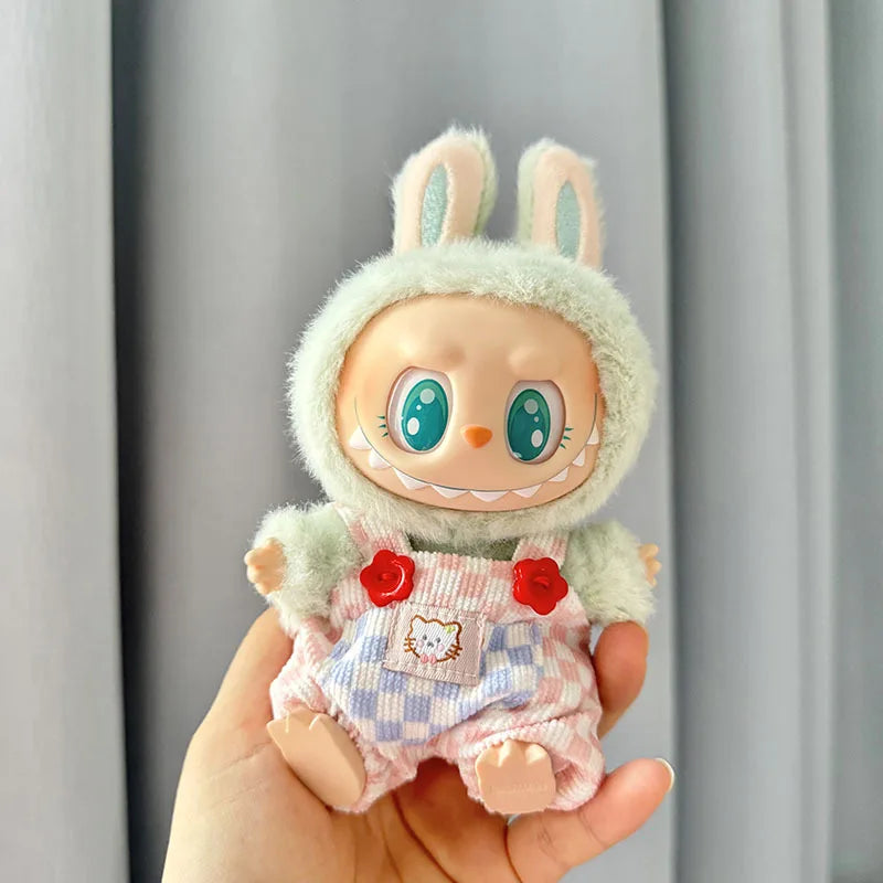 17cm mini plush doll's clothes outfit accessories for korea kpop exo labubu ii idol dolls sitting party plaid overalls clothing